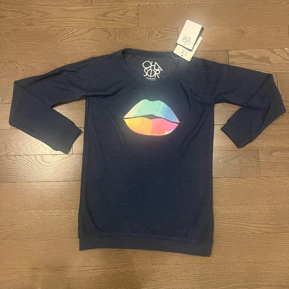 Chaser Navy Long Sleeve Top with Sparkly Rainbow Lips